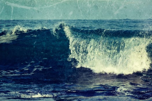 Vintage retro hipster style travel image of wave close up in ocean with grunge texture overlaid. Sri Lanka