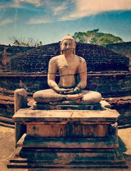 Vintage retro hipster style travel image of ancient sitting Buddha image in votadage with grunge texture overlaid. Polonnaruwa, Sri Lanka