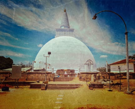 Vintage retro hipster style travel image of Mirisavatiya Dagoba (stupa) in Anuradhapura, Sri Lanka with grunge texture overlaid