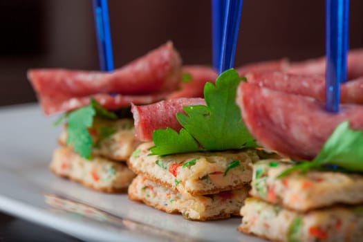 Image of good snacks with sausage on skewers, close-up