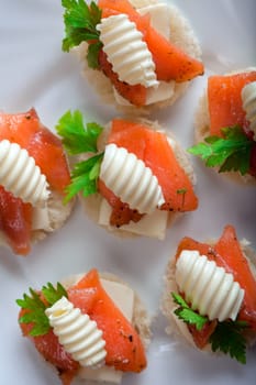 Gourmet sandwiches with salmon and butter, close-up