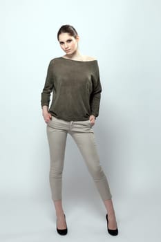 Adorable slim woman posing in casual clothing, close-up