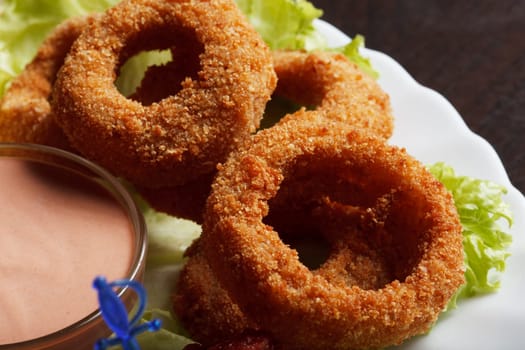 Image of meat breaded rings served with sauce, close-up