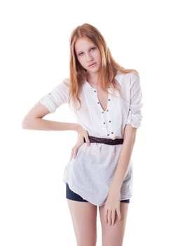 Attractive slim woman posing in casual clothes, isolated on white