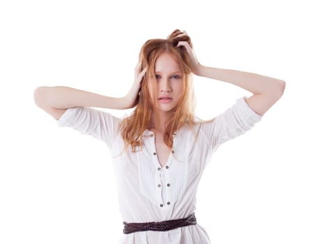 Portrait of seductive young red-haired girl with plump lips, isolated on white