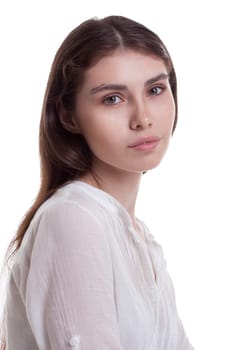 Portrait of young beautiful girl with freckles, isolated on white