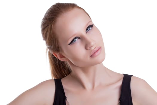 Portrait of red-haired girl with painted eyes, isolated on white