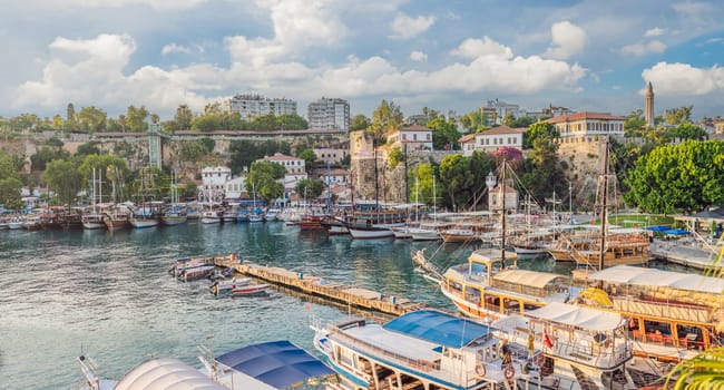 Old town Kaleici in Antalya. Panoramic view of Antalya Old Town port, Taurus mountains and Mediterrranean Sea, Turkey.