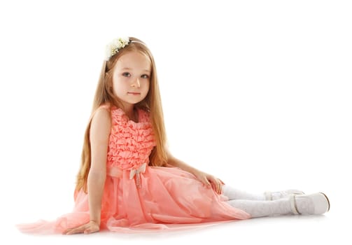 Image of cute little girl posing in smart dress, isolated on white