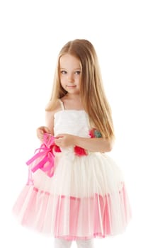 Smiling pretty little girl with long brown hair, isolated on white