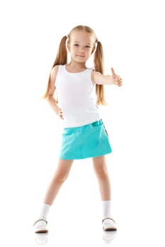 Image of charming little girl showing thumbs up, close-up
