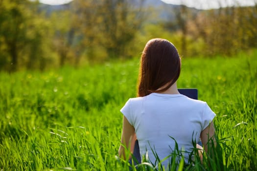 woman with laptop sitting with her back to the camera in a field. High quality photo