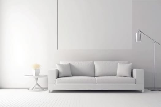 interior background white home trendy simple room couch house living comfortable scandinavian cosy cushion. Generative AI.