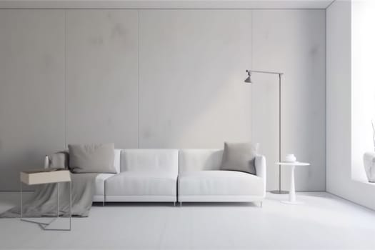 interior luxury render indoor couch living room decoration concrete apartment home white grey. Generative AI.