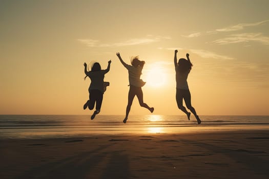 rear view of Group of three happy asian young women jumping on beach with sea in the background during sunset.Copy space.