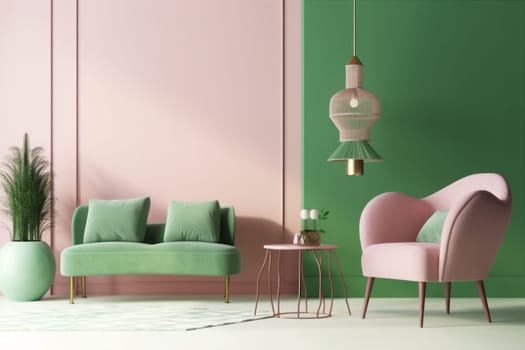 interior background three-dimensional brick modern indoor home design lifestyle carpet luxury comfortable couch sofa white green pink render. Generative AI.
