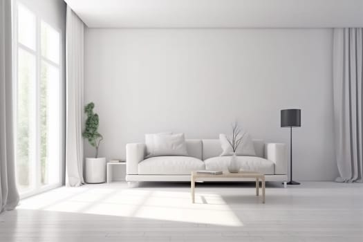 interior background lounge modern wall design render empty room three-dimensional indoor light concrete pillow lamp comfortable furniture floor trendy home house loft. Generative AI.