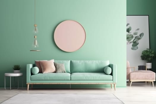 interior background luxury loft sofa render decor furniture lamp indoor green floor lounge stylish living copy space carpet. Generative AI.