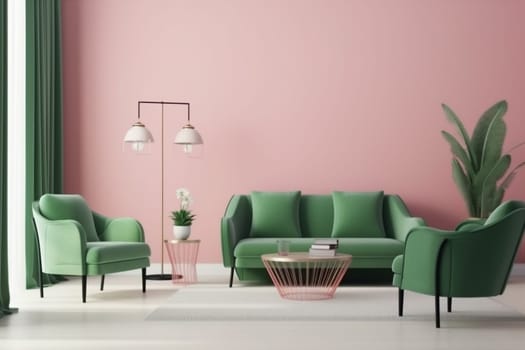 interior background contemporary space mock up apartment sofa modern home render simple house design trendy luxury pink stylish white floor green. Generative AI.