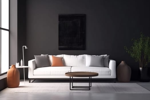 interior background furniture sofa floor design grey concrete dark living room light indoor space render decor room decoration. Generative AI.