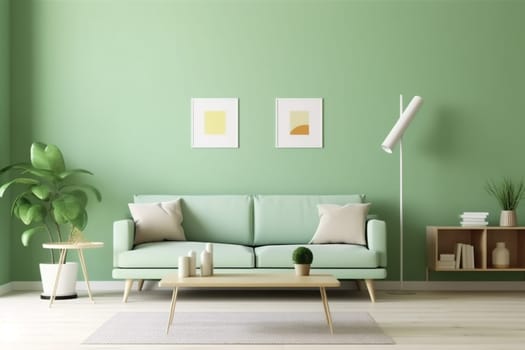 interior background decor three-dimensional pillow loft green decoration white indoor home house sofa room living style. Generative AI.
