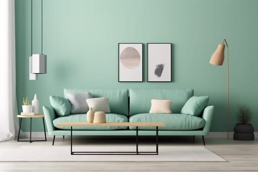interior background living room lifestyle stylish sofa cushion style couch carpet empty pillow living green furniture house home loft. Generative AI.