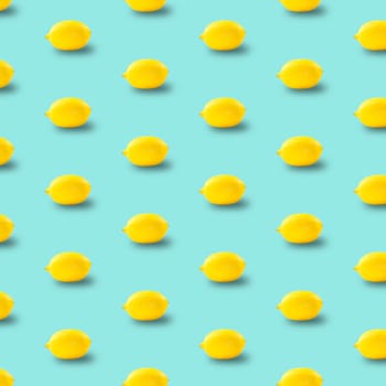 Juicy ripe flying yellow lemons on blue background. creative food concept. Tropical organic fruit, citrus, vitamin C. Lemon slices. Summer minimalistic bright fruit background. pattern. banner.