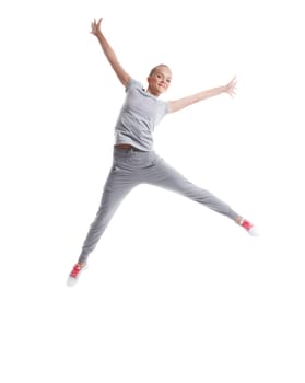 Image of joyful slim girl posing in jump, isolated on white