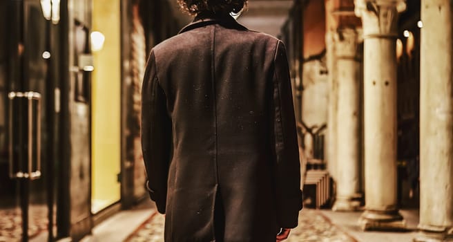A young man's back as he walks away from the camera, disappearing into the cityscape.