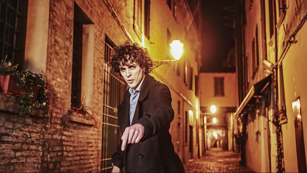 A young man in a city alley at night, with an angry and intense expression on his face.