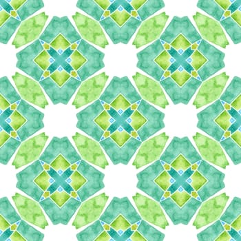 Tiled watercolor background. Green bold boho chic summer design. Textile ready nice print, swimwear fabric, wallpaper, wrapping. Hand painted tiled watercolor border.