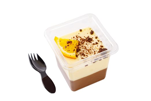 Tiramisu dessert in a plastic box with a fork on a white background. High quality photo