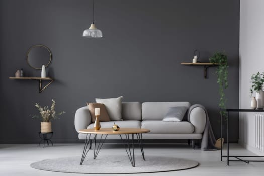 interior background cosy grey space home green modern three-dimensional house trendy lifestyle decor apartment indoor living room comfortable simple wall empty. Generative AI.