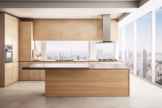 interior wooden floor wood kitchen rendering 3d lifestyle nobody apartment chair room render. Generative AI.