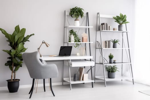 interior background contemporary technology beautiful job wooden pc chair space modern furniture white shelf work monitor laptop light shelves plant room. Generative AI.