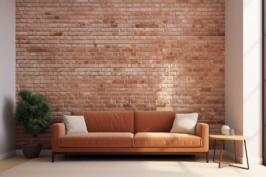 interior background sofa white carpet brick lifestyle comfortable decoration floor trendy house apartment living room space decor stylish wall. Generative AI.