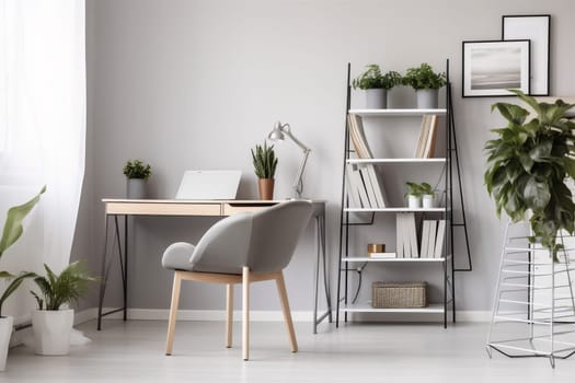 interior background wall design furniture decor space work pc computer workplace lifestyle white room shelf plant. Generative AI.