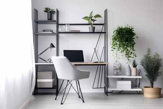interior job computer business workspace desktop desk office indoor apartment nobody modern wooden plant table furniture white decor space style. Generative AI.