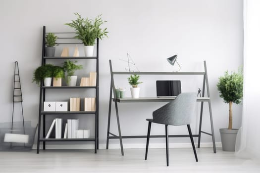 interior background workplace armchair home lifestyle desktop style computer stylish job modern work wooden white business light office shelves technology decor apartment. Generative AI.