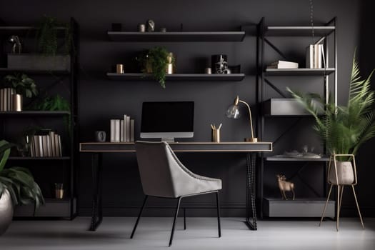 interior background room indoor desktop lifestyle stylish style living space dark screen computer contemporary wooden trendy mockup shelf office furniture technology lamp. Generative AI.