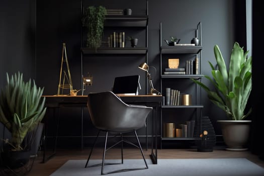 interior modern dark table room mockup furniture workspace computer indoor beautiful apartment desk style home business shelf lifestyle. Generative AI.