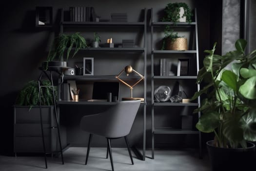 interior background style trendy chair lamp desk gray indoor home laptop shelf wall beautiful computer desktop. Generative AI.