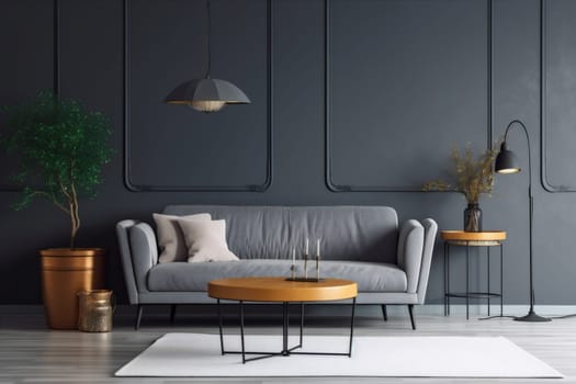 interior background scandinavian lifestyle render furniture style grey modern cushion empty trendy cosy apartment stylish lounge. Generative AI.