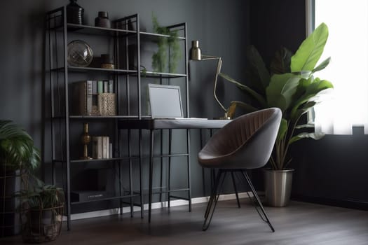 interior background contemporary technology space mockup table shelf job workspace dark room lifestyle gray computer lamp stylish desk furniture plant living. Generative AI.