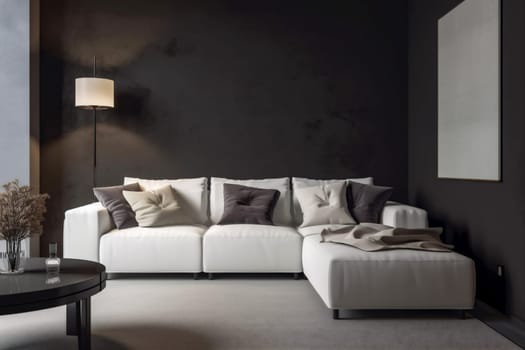 interior background lifestyle room wall concrete wall cushion couch luxury lamp cosy stylish space simple grey style carpet dark design white indoor. Generative AI.