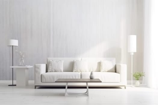 interior background indoor space stylish empty luxury comfortable contemporary cushion modern grey scandinavian wall pillow carpet white lamp simple decoration three-dimensional living room. Generative AI.