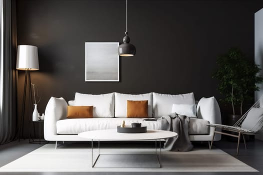 interior background grey couch trendy lifestyle furniture white floor three-dimensional concrete decoration comfortable room design simple luxury modern. Generative AI.