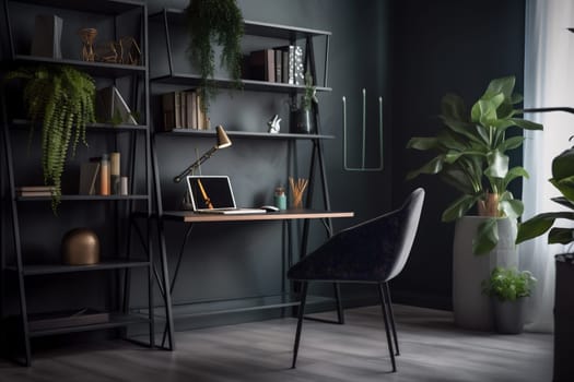 interior mockup desktop contemporary workplace job laptop lamp work nobody business table monitor lifestyle trendy wall furniture style computer room plant. Generative AI.