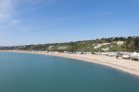 Aerial drone view of Numana town , Conero Mount, Adriatic Sea beach in Le Marche region, Italy , Europa