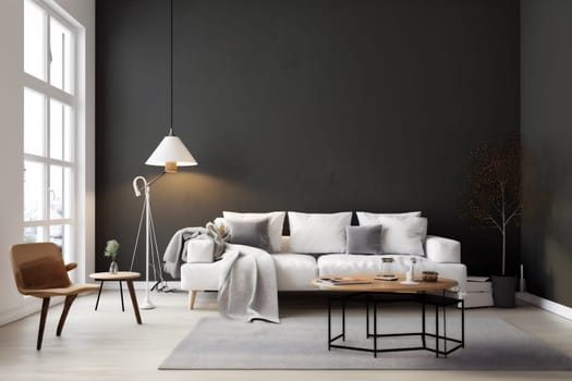 interior background scandinavian space decoration living room concrete wall lifestyle modern grey room luxury dark sofa stylish decor. Generative AI.